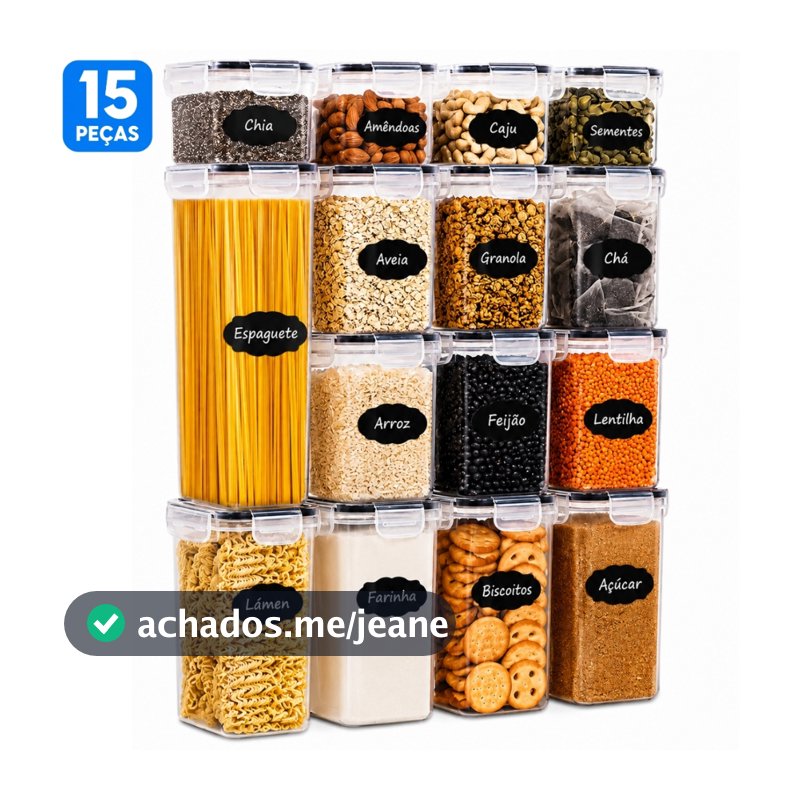 Kit 15 Potes Herméticos Organizadores de Mantimentos Plástico com Etiquetas Cozinha Despensa Empilhável