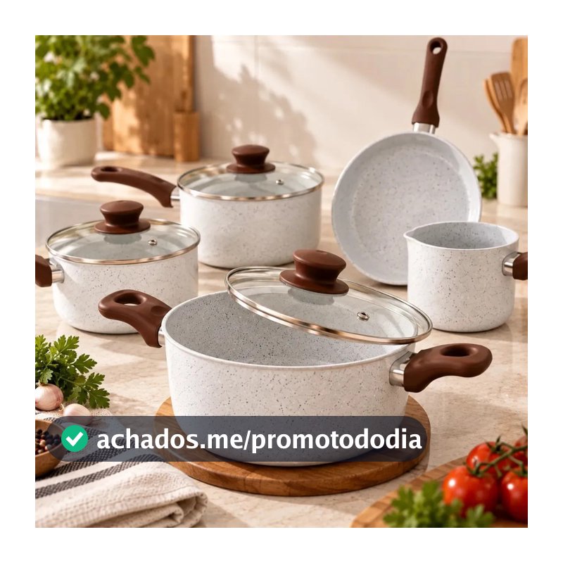 Jogo Kit 5 Panelas Cerâmicas Antiaderentes Indução Fundo Triplo PFOA Tampa de Vidro Cooktop Gás Elétrico Frigideira Caça