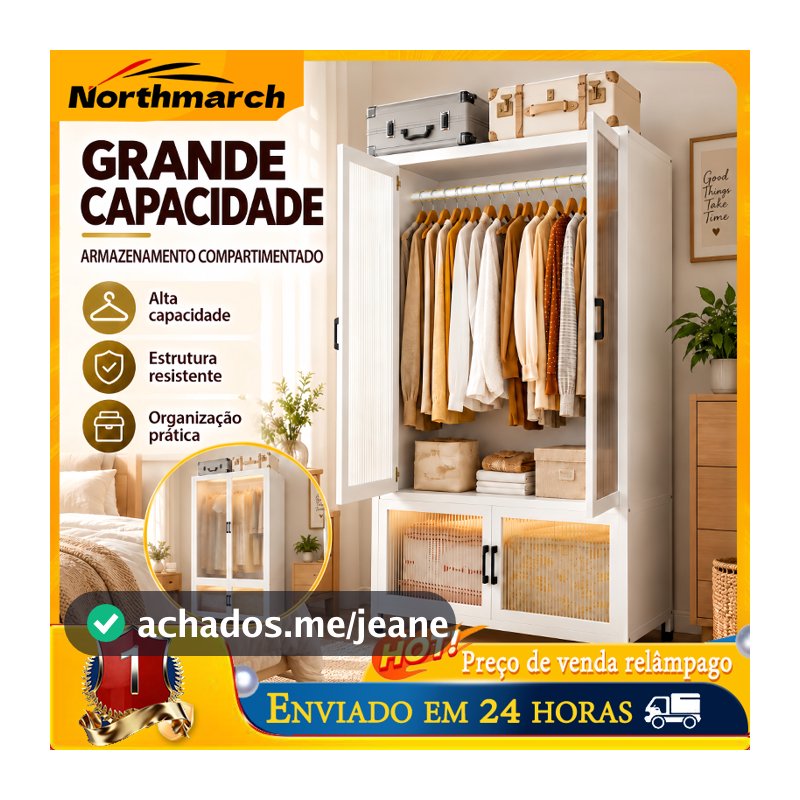 Guarda‑Roupa de Aço, Armário de Roupas Grande Capacidade com Compartimentos, Estrutura Resistente para Quarto