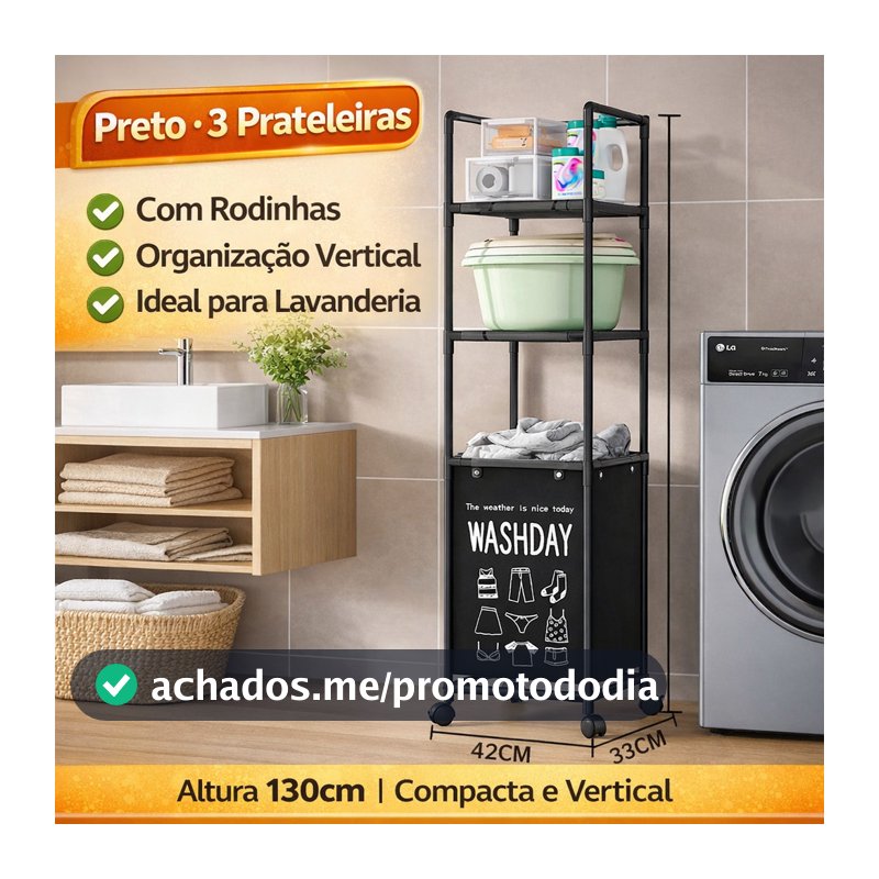 Carrinho Organizador com Cesto de Roupa Suja e Rodas – Estante Multifuncional para Lavanderia (1 a 3 Andares)