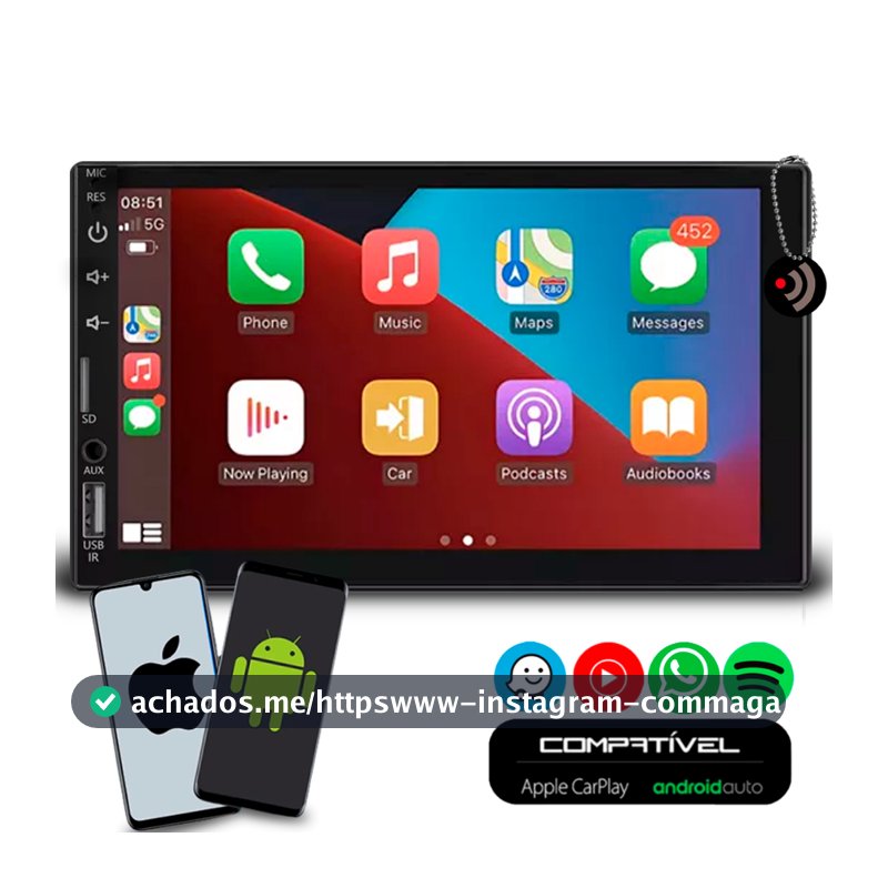 Multimídia 7 Polegadas Carplay AndroidAuto Com Espelhamento de Celular Bluetooth Apps Spotify Gps e Entrada Câmera De Ré