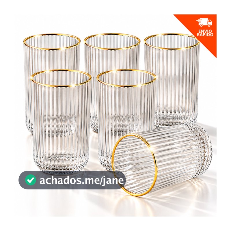 Jogo 6 Copos Versalhes 420ml Vidro Canelado com Borda Dourada para Drinks Suco Água e Refrigerante