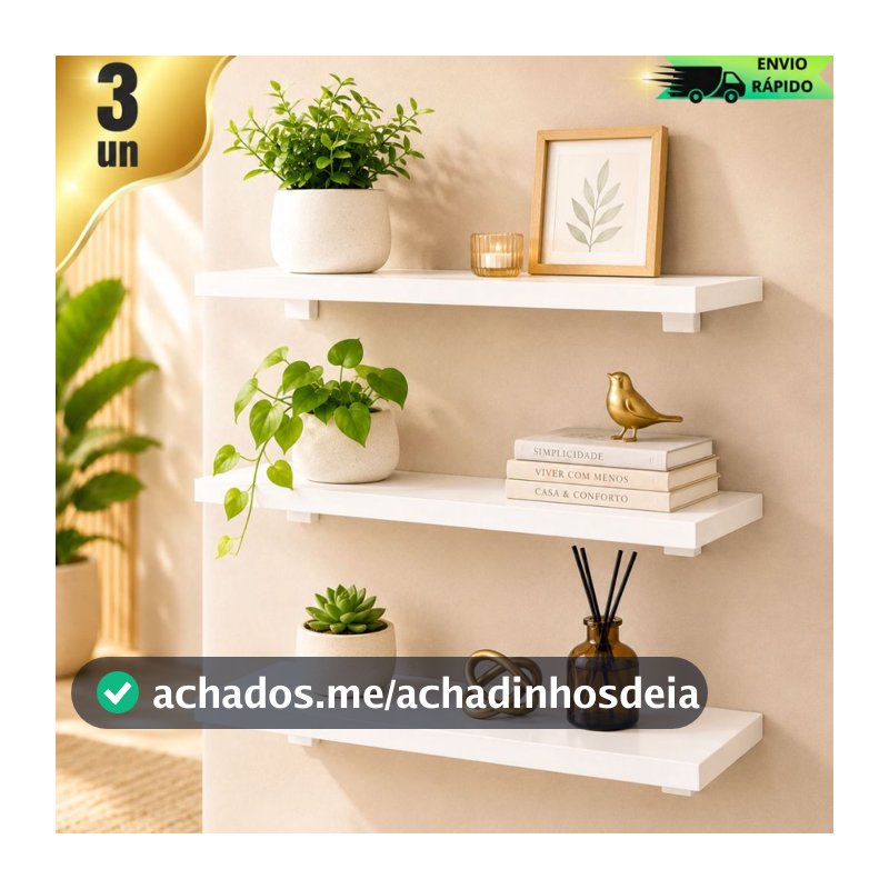 Kit 3 Prateleiras Brancas MDF 45x11cm Com Cantoneira Em L Suporte De Parede Decorativa Para Quarto Sala Cozinha Banheiro