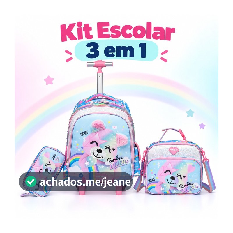 Kit Mochila Infantil Escolar com Estojo Divisórias e Lancheira Térmica Reforçado