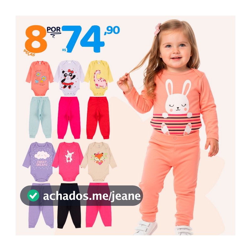 Kit 8 Peças de Roupas para Bebê Menina (4 Body Longo + 4 Calça Mijão)Kit 4 Conjuntos Calça e Body Roupa Infantil Bebê