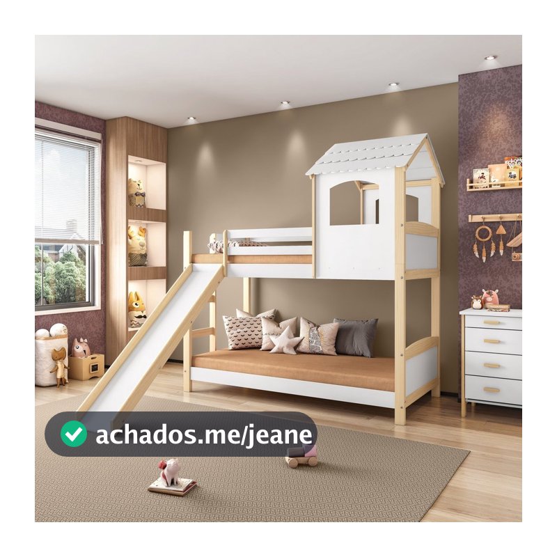 Beliche Infantil Casinha com Escorregador Madeira e MDF - Casatema MadeiraOriginals Branco/Marrom Sim