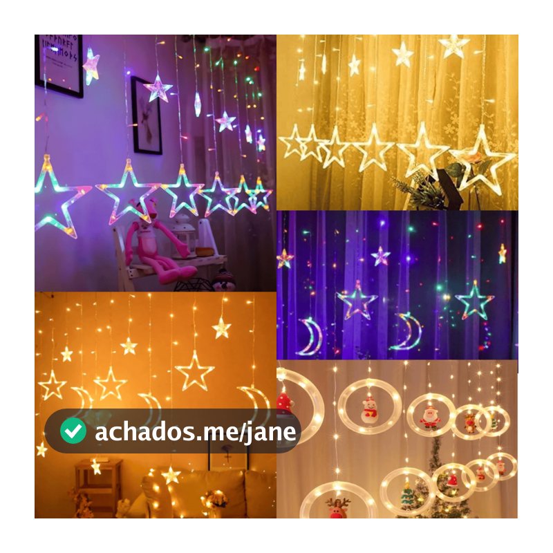 Cascata Led Pisca Pisca Cortina Luz RGB Amarela Decoração Natal Estrela Lua Papai Noel Neve Sacada
