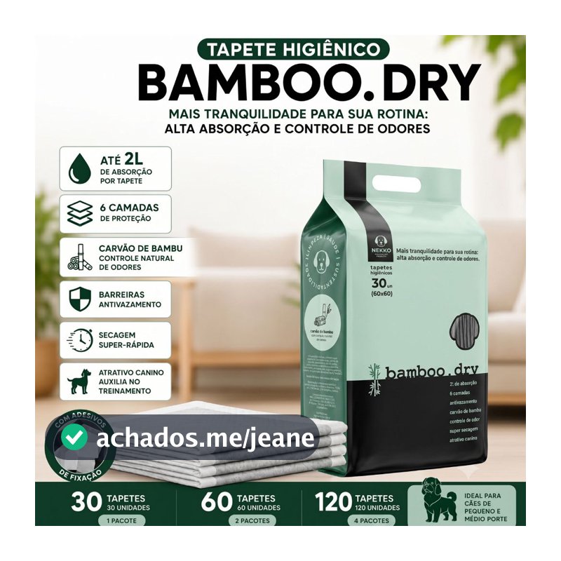 Tapete Higiênico Cachorro 60x60 Super Absorvente 2L Carvão Bambu 30 60 120 Unidades NEKKO Bamboo.Dry