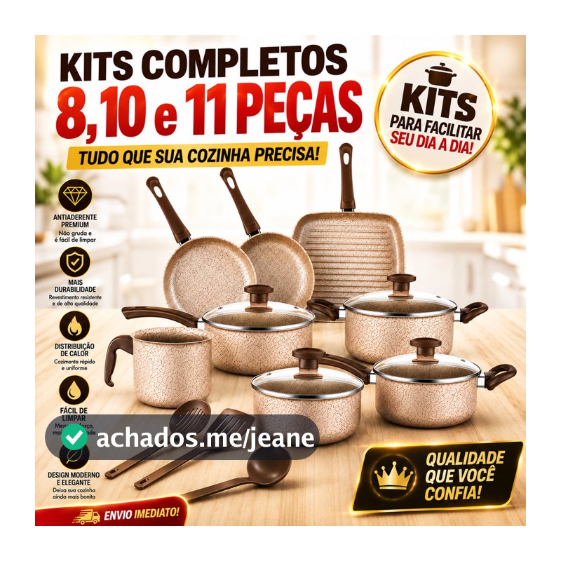 Jogo de Panelas Antiaderente, Kit com 8, 10 ou 11 Peças - Com Tampas de Vidro e Utensílios