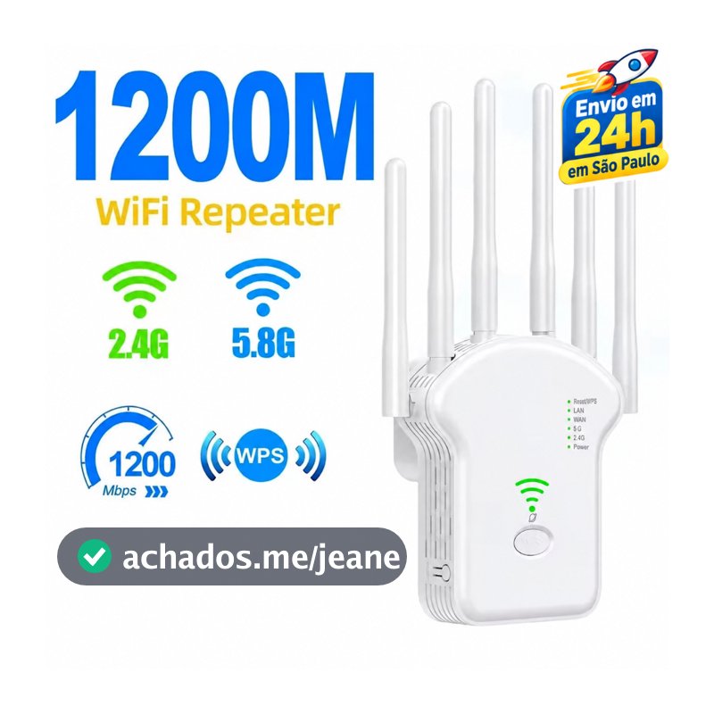 Repetidor de Sinal Wi-Fi 1200Mbps 6 Antenas Alcance 2800m Amplificador Compatível com Roteador e Modem