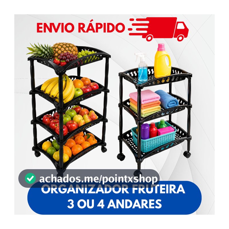 Fruteira de Chão Multiuso com Rodinhas 3 e 4 Andares Organizador Vertical Preto