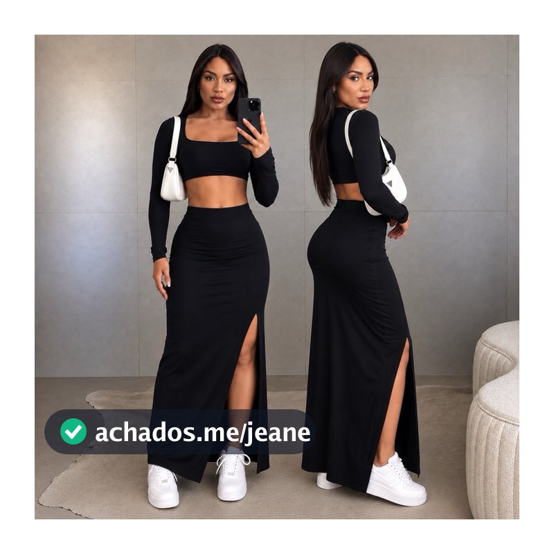 Conjunto Saia Fenda e Blusa Cropped Feminina Manga Longa Inverno Decote Quadrado - Suplex Confortável, Tamanho Único