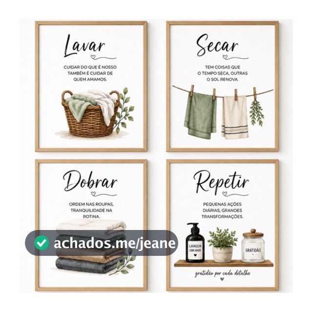 Combo Quadros Decorativos Lavanderia 20x20 4 Peças Lavar Secar Dobrar e Repetir