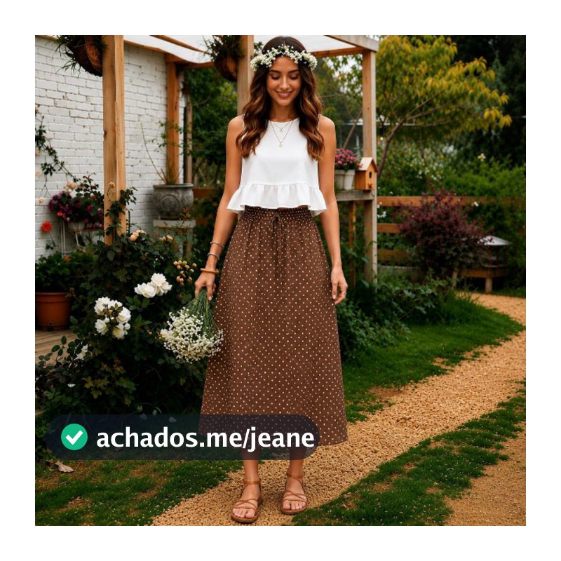 Saia Midi Feminina Elegante Poá Preta Cintura Alta com Elástico e Cordão Moda Evangélica Casual