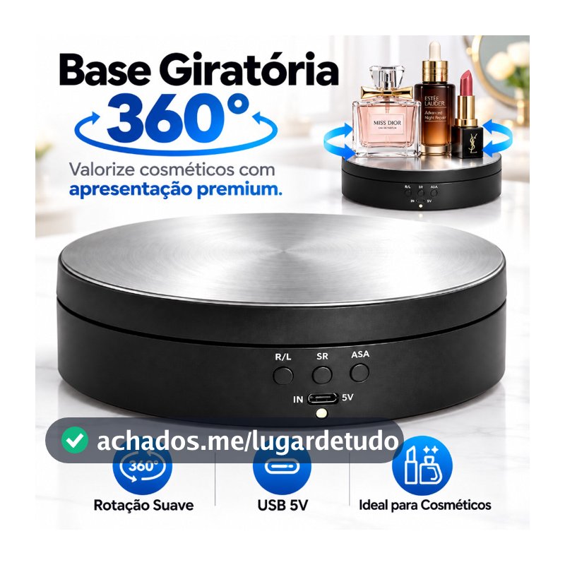 Suporte Expositor Giratorio Eletrico Para Vitrine Produtos E Foto Preto Branco,Base giratória 360 graus recarregável USB