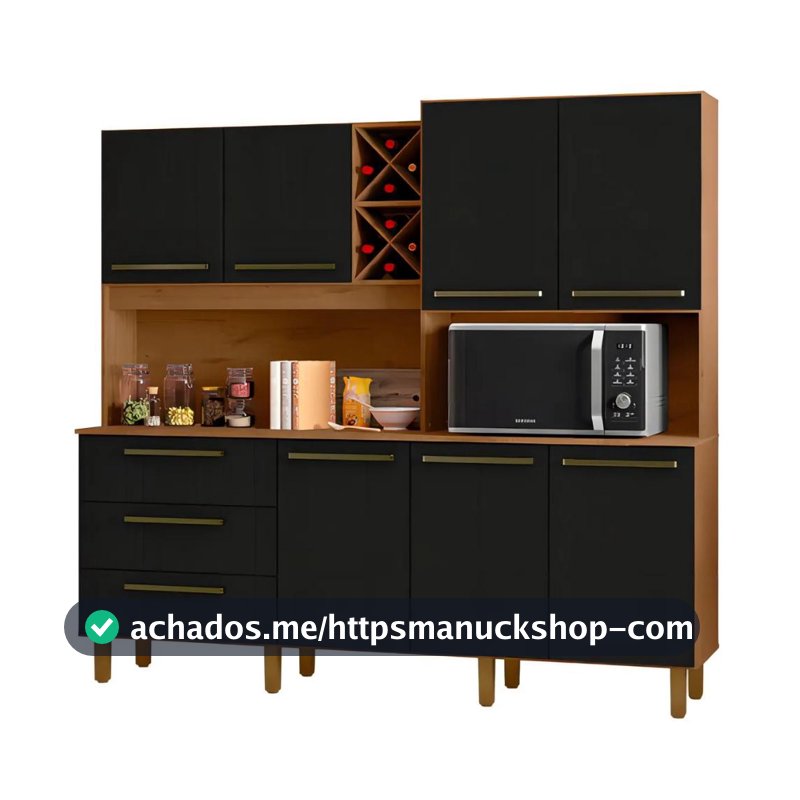 Armário de Cozinha Completa Com Adega 7 Portas 3 Gavetas 2,07m Ajax Nature / Preto Zanzini