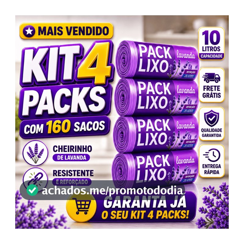 Kit 4 Rolos Sacos de Lixo 10L 160 Unidades Perfumado Cheiroso Lavanda Tira Odores Pia Banheiro