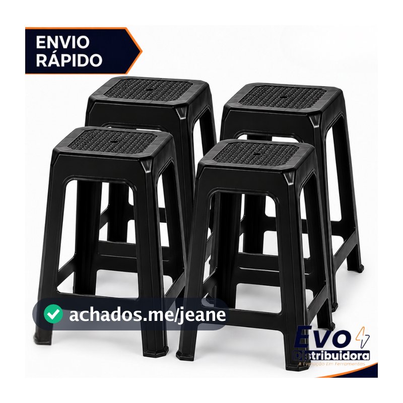 Kit 04 Unidades Banqueta Preta Plástica Reforçada Até 120Kg