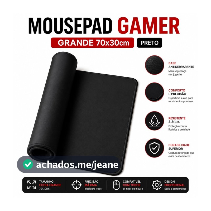 Mousepad Gamer Grande 70x30cm Preto Antiderrapante Tecido Emborrachado para PC e Setup