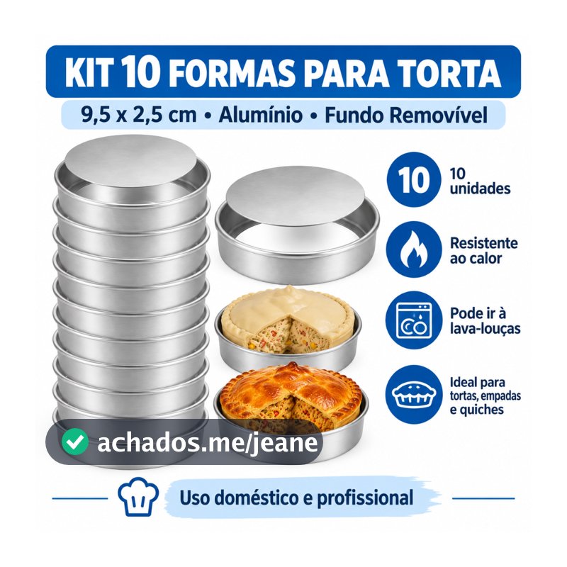 Kit 10 Formas Para Torta 9,5x2,5cm Alumínio Com Fundo Removível Para Padaria e Confeitaria