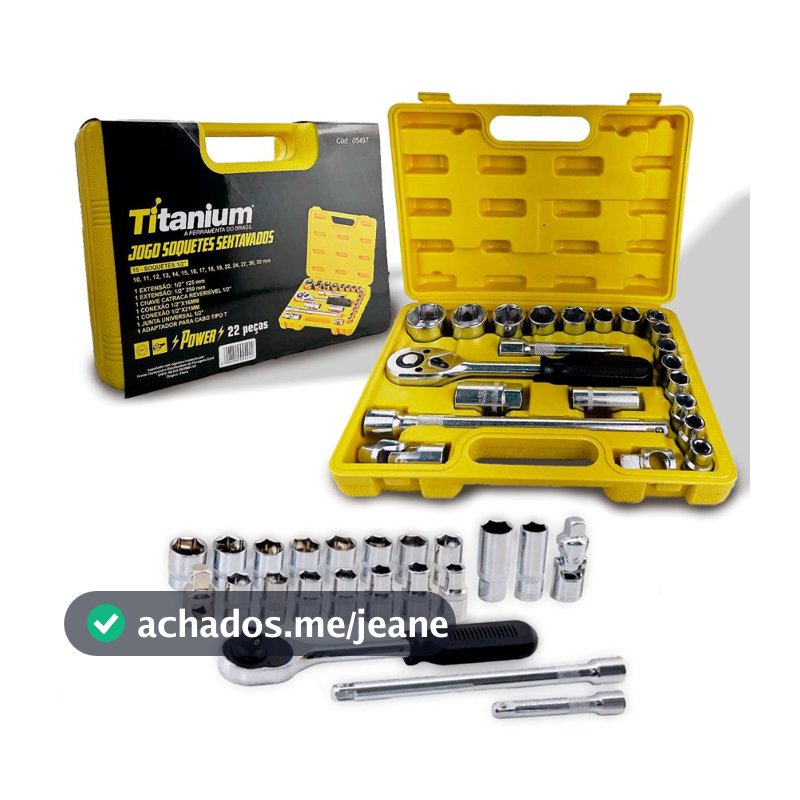 Jogo de Soquetes Sextavados Com Chave de Catraca 1/2 Pol. 22 Peças Titanium Mecânica Automotiva