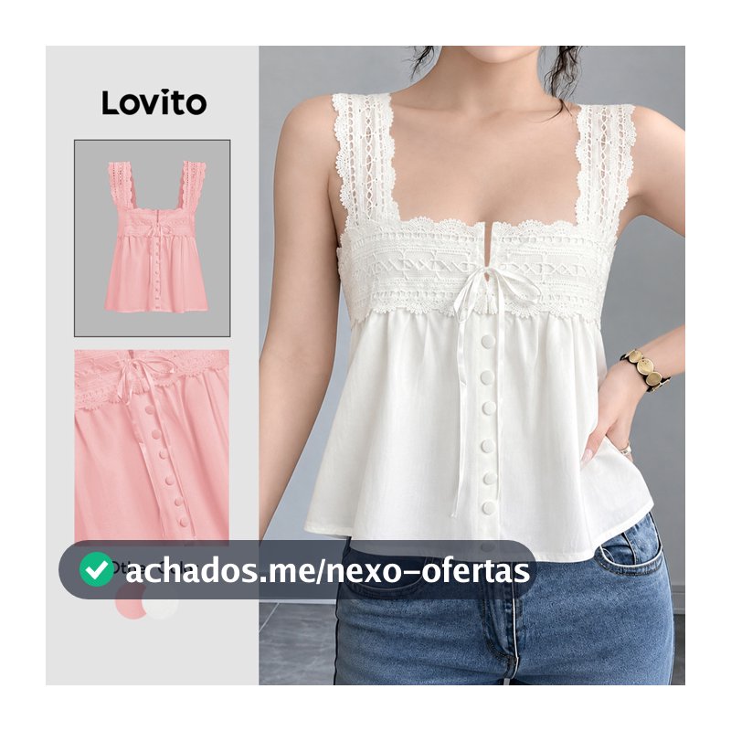 Lovito Férias Top Com Renda Lisa E Regata Verão/primavera Para Mulheres Bordado L100MD371
