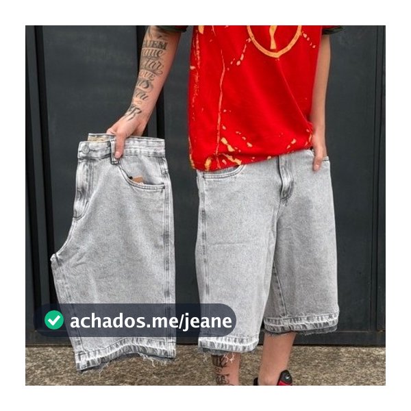 Bermuda Jeans Baggy Cinza-Claro Barra Desconstruída Sportlife Streetwear