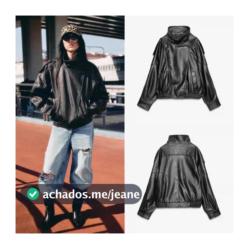 ZA Outono Novo Estilo Feminino Couro Falso Gola Alta Jaqueta de Manga Comprida Jaqueta de Couro4391872