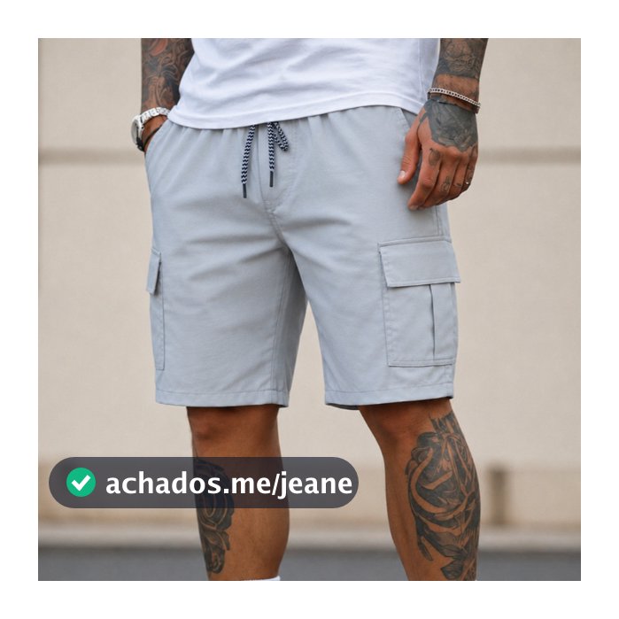 Bermuda Cargo Masculina Sarja Elastano 6 Bolsos Cintura Elástica Casual