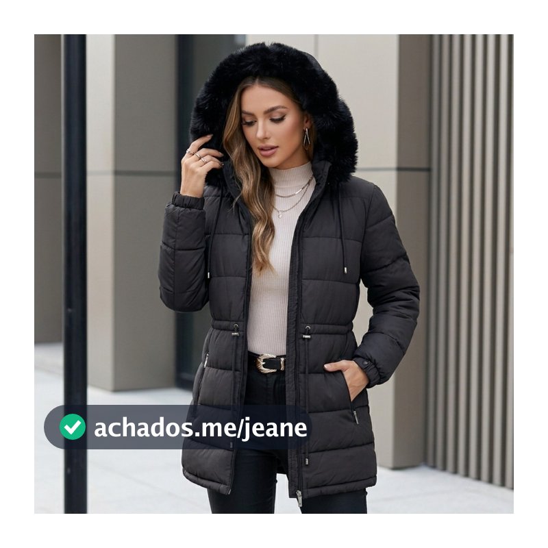 Parka Casaco Feminino Puffer Bobojaco Pelúcia Inverno Capuz Pelinhos Manga Longa