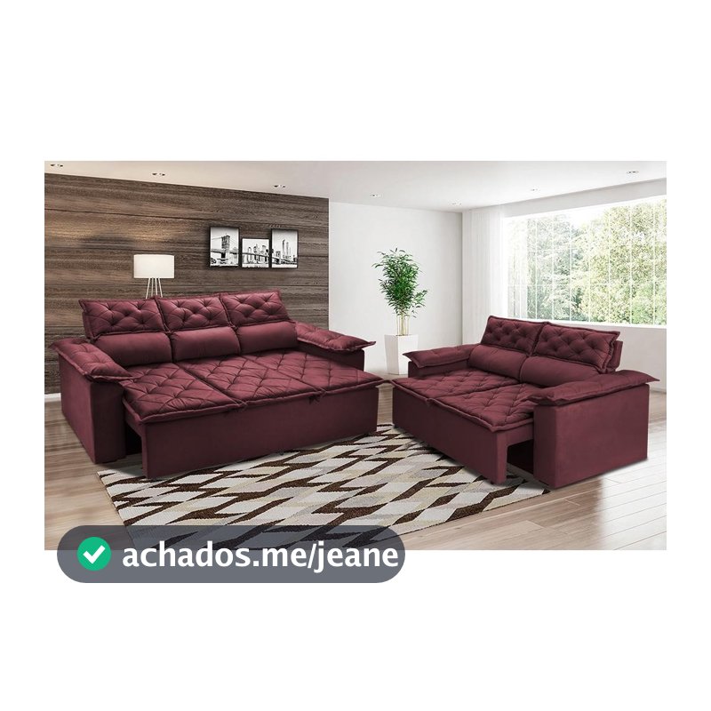 Conjunto de Sofá 3 e 2 Lugares Retrátil e Reclinável Cama inBox Compact 2,00x1,50m Velusoft Vinho
