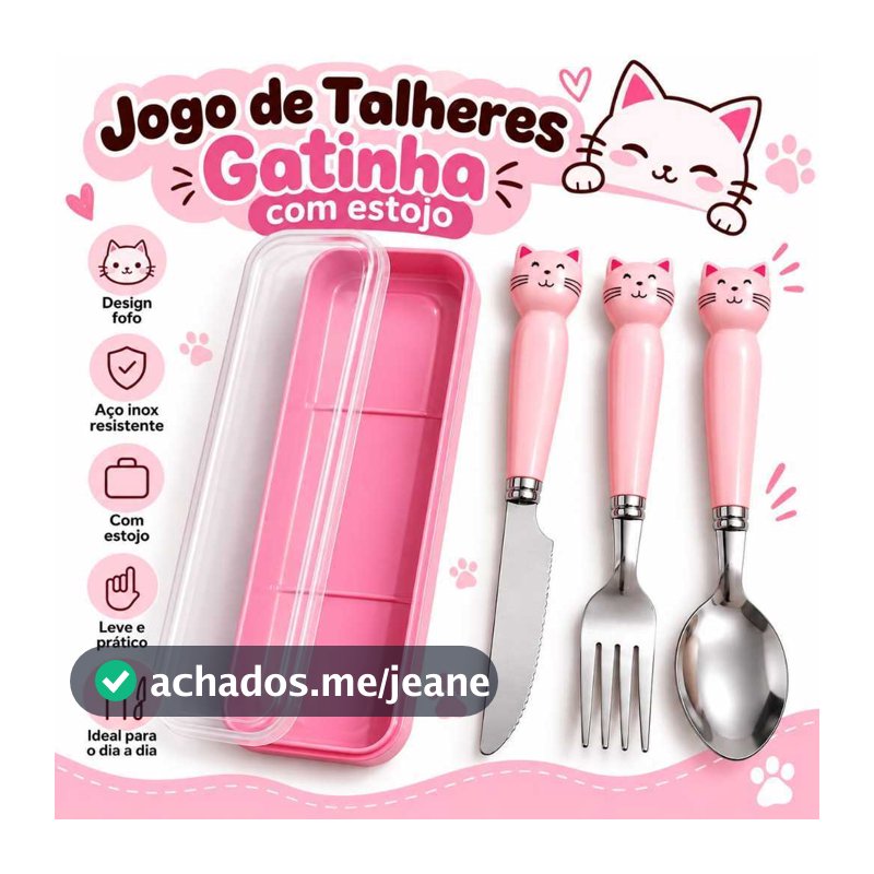Kit 3 Peças Talheres Infantil Gatinha Garfo Faca Colher Com Estojo