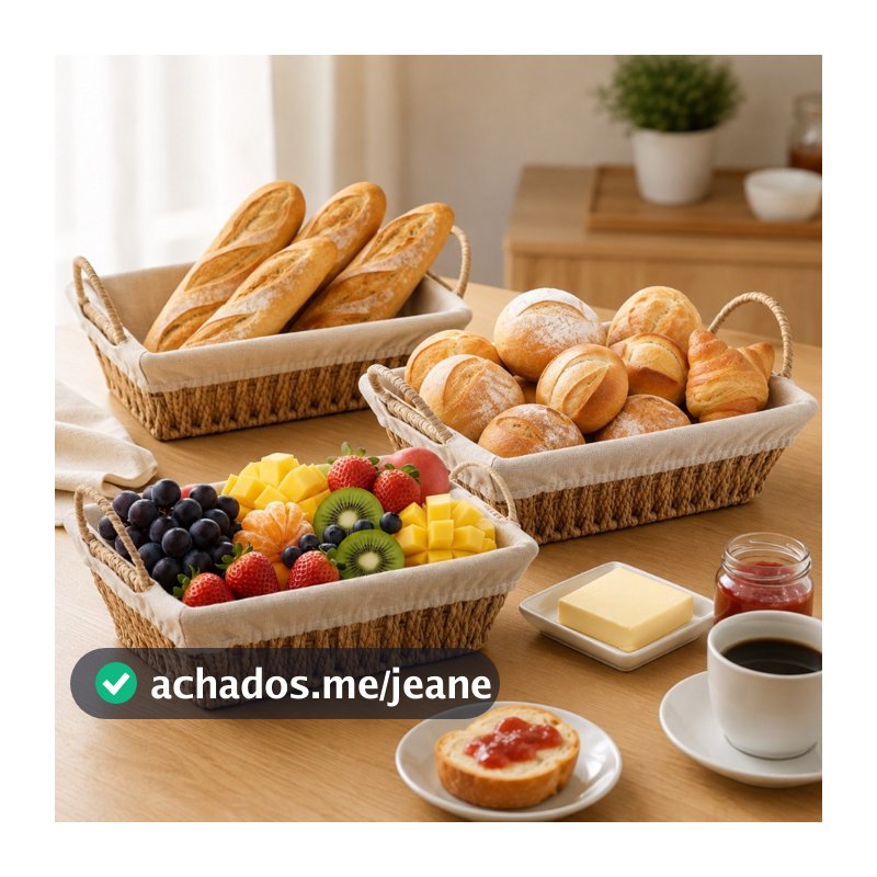 Kit 3 Cestos De Pães Retangular Decorativo Com Forro Removível Multiuso Sala Cozinha Banheiro 30cm