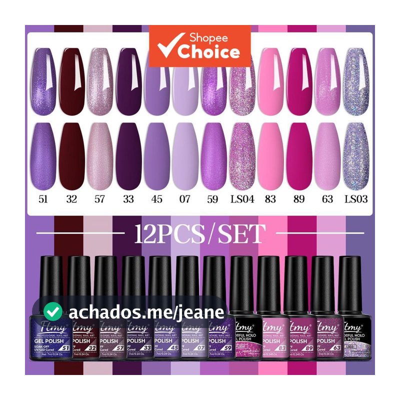 Kit com 12 esmaltes em gel (inclui nudes, rosados, cinzas e roxos com glitter), gel UV de longa duração, removível, para