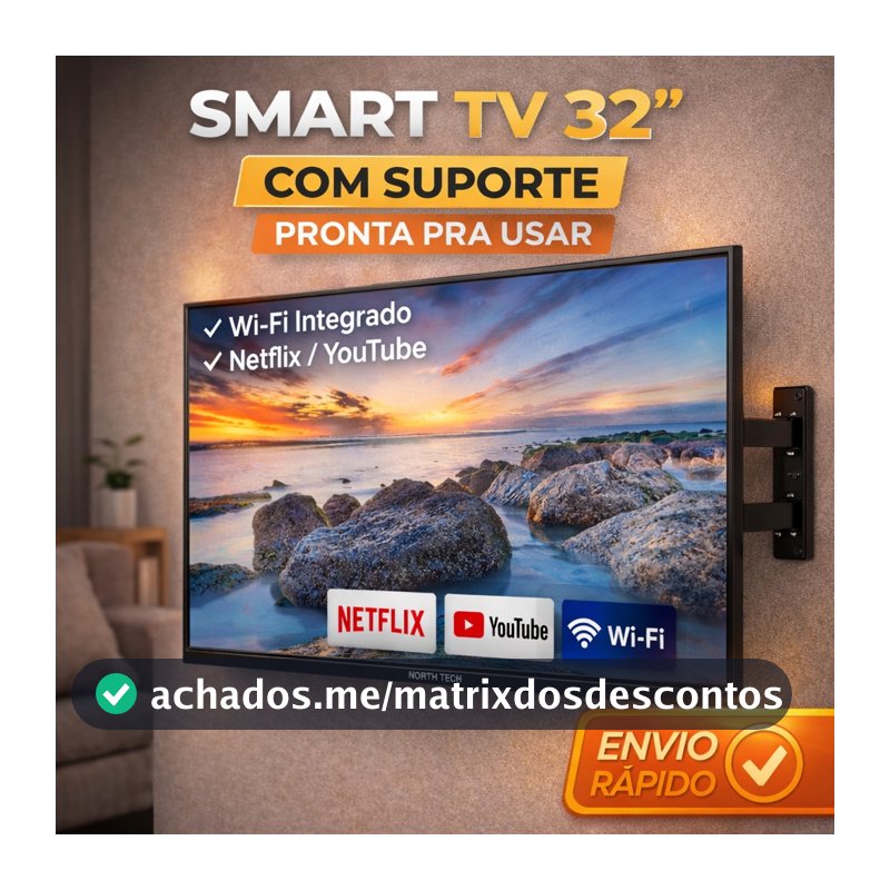 Smart TV 32" North Tech WiFi Bluetooth Netflix YouTube HDMI Tela Fina + Suporte de Parede Universal
