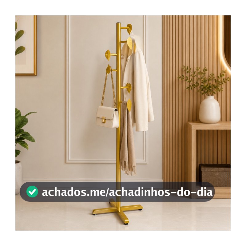 Cabideiro de Chão Leaf Luxo em Aço Carbono 6 Gancho | Mancebo Moderno para Roupas, Bolsas e Acessórios