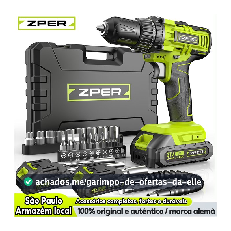 ZPER Parafusadeira Furadeira 21V A Bateria Elétrica Kit Maleta Estuche Organizador e 27 Acessórios