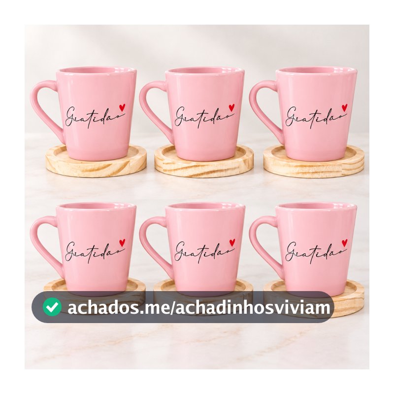 Kit 6 Xicaras / Canecas Porcelana Rosa 120ml C/ Pires De Madeira Redondo Gratidão Spot