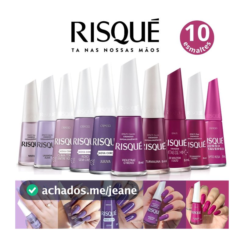 Kit 10 Esmaltes Risqué Diversos Tons Rosa e Roxo Atacado