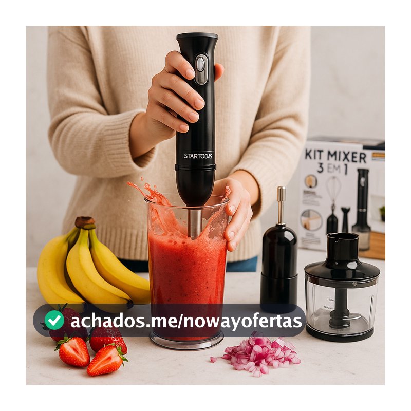 Kit 3 em 1 Mixer Misturador, Processador e Batedor para Vitamina, Receitas e Alimentos Prático