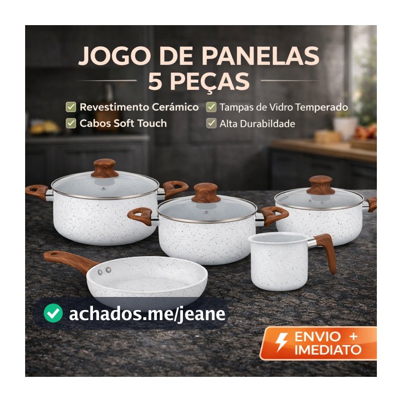 Jogo de Panelas Indução 5 Peças Cerâmica Antiaderente Cabo Soft Touch Frigideira 20cm Leiteira