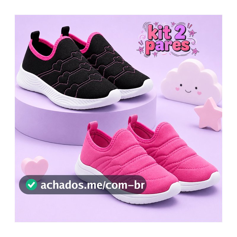 Kit 2 Pares Tênis Infantil Menina Calce Fácil Feminino Casual Leve Macio e Confortável