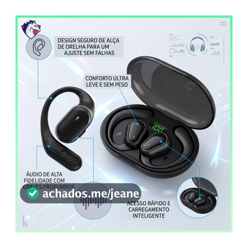 Fone de Ouvido Sem Fio Bluetooth com Condução Óssea/Compacto e Leve/Resistente a Água/Tipo-C