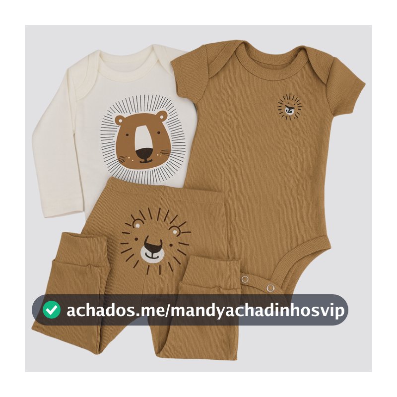 Conjunto Bebê Menino Algodão 3 Peças – Body longo Estampado + Body curto Bordado + Calça Bordado