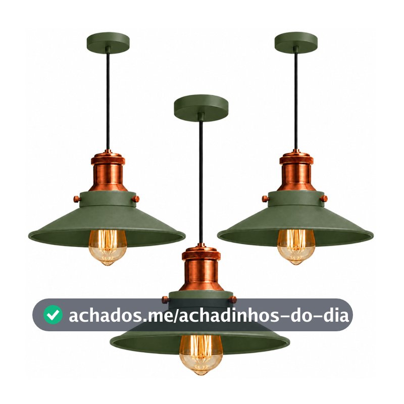 Pendente Lustre Kit 3 Nordic 22cm Verde com Cobre  Retrô Industrial Loft