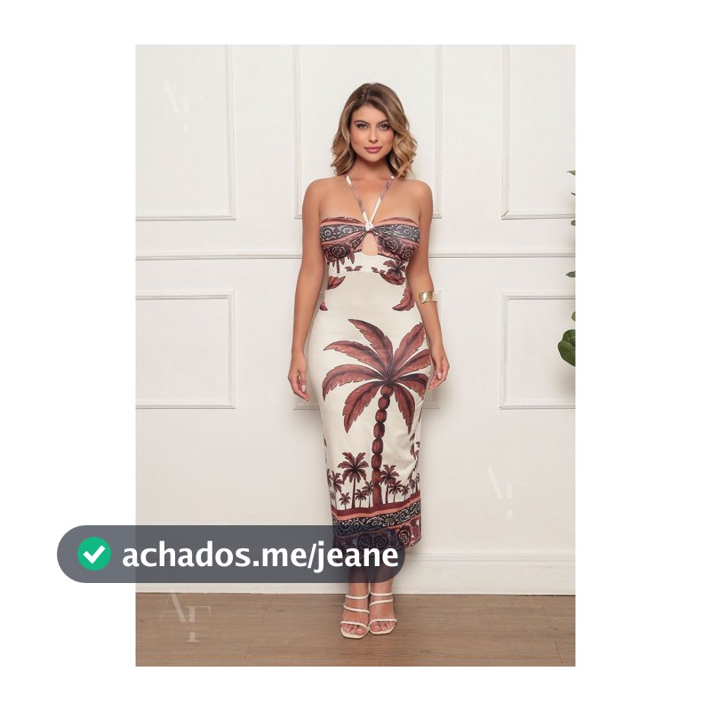 Vestido Mídi Feminino Frente Única Estampa Tropical Coqueiros com Costas Abertas