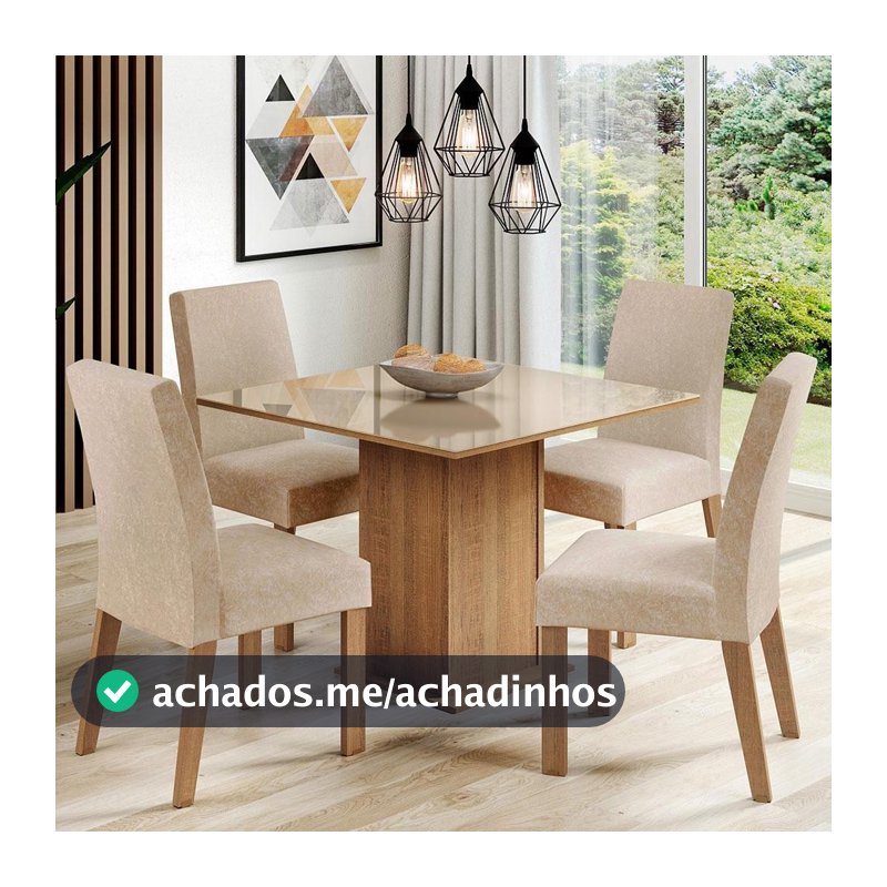 Conjunto Sala de Jantar Mesa Tampo de Vidro com 4 Cadeiras Rustic/Crema/Imperial Madesa Evelin