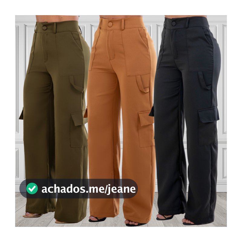 Calça Alfaiataria Social Feminina Pantalona Cargo Wide Leg Bolsos Cós Alto