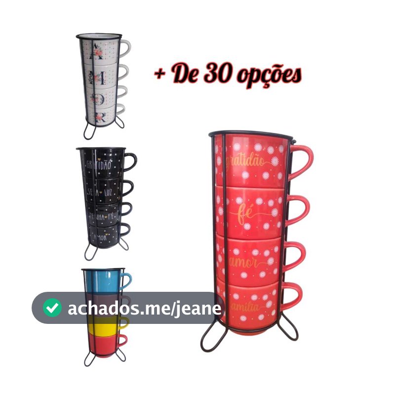 Kit Jogo 4  Xícaras Canecas Porcelana Empilhável Decoradas Café Chá presente + Suporte Metal