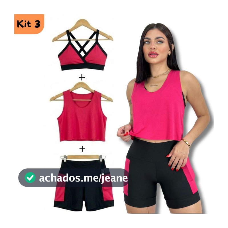 KIT 3 Peças Short com Bolso Top e Blusa Baby Look Dryfit Fitness Conjunto Academia